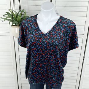 New Ann Taylor‎ LOFT Soft Velour V Neck Top Floral Short Dolman Boxy Size M